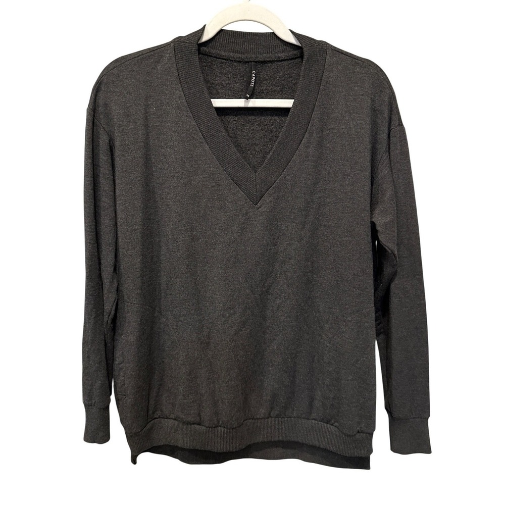 Capote Womens Minimalist V-Neck Sweatshirt Bamboo Lagenlook Pockets S Charcoal - Picture 3 of 12